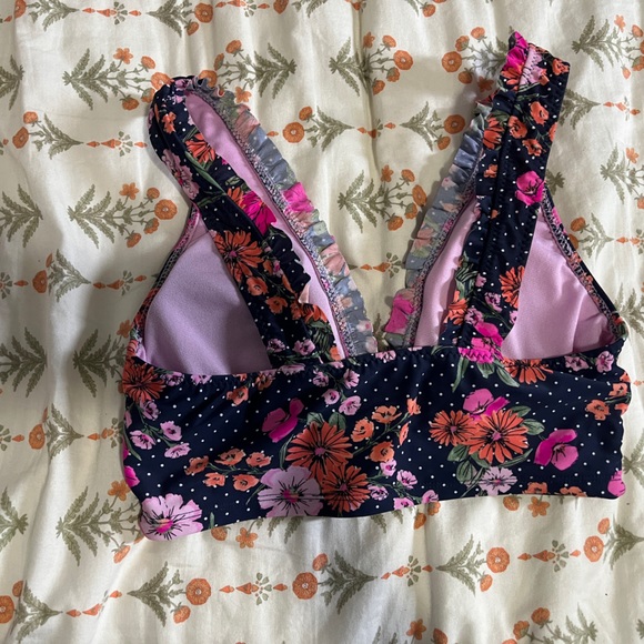 Shade & Shore bikini set - dark blue w/ pink/ orange floral design - ruffled - Picture 2 of 6
